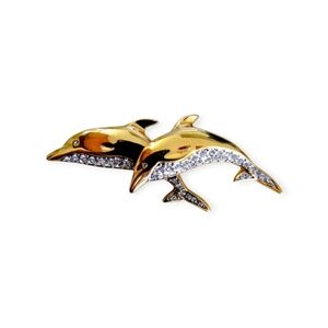Vintage 1980s  Gold And Pave Double Dolphin Brooch